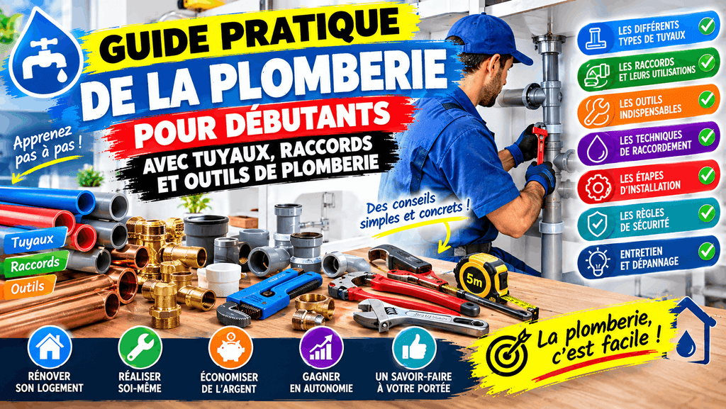 Guide pratique de la plomberie pour débutants avec tuyaux, raccords et outils de plomberie.